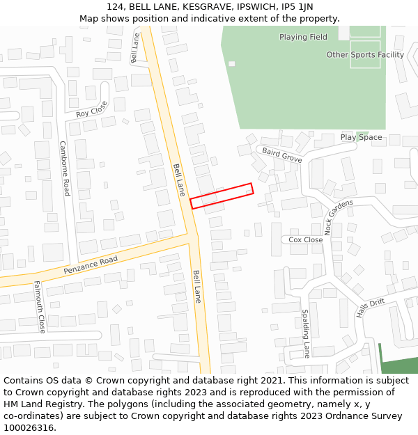 124, BELL LANE, KESGRAVE, IPSWICH, IP5 1JN: Location map and indicative extent of plot