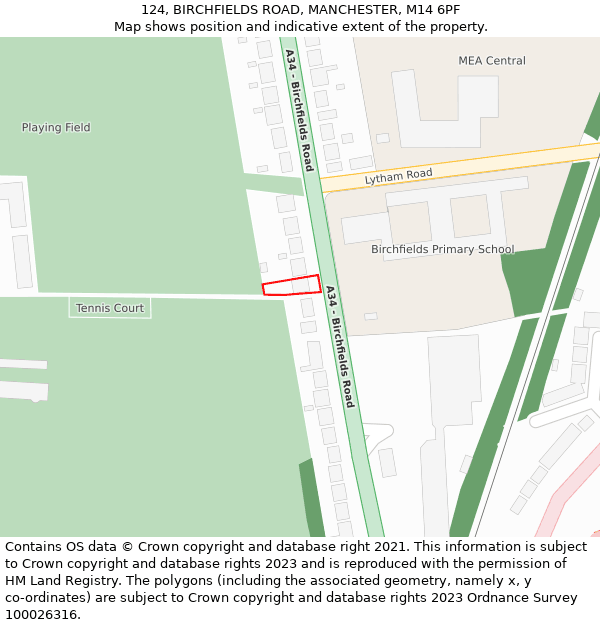 124, BIRCHFIELDS ROAD, MANCHESTER, M14 6PF: Location map and indicative extent of plot