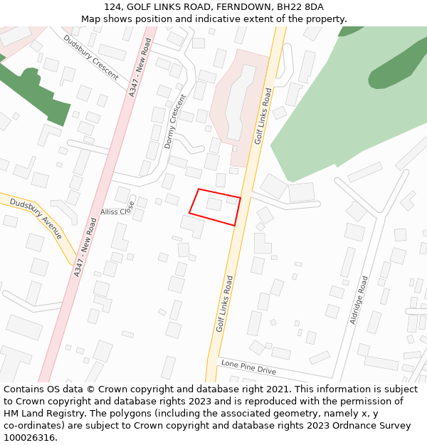 124, GOLF LINKS ROAD, FERNDOWN, BH22 8DA: Location map and indicative extent of plot
