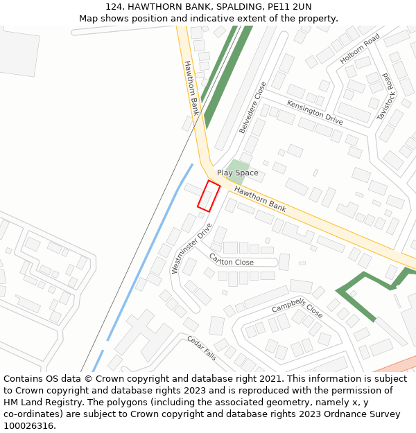 124, HAWTHORN BANK, SPALDING, PE11 2UN: Location map and indicative extent of plot