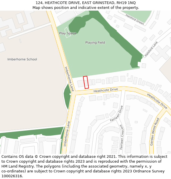 124, HEATHCOTE DRIVE, EAST GRINSTEAD, RH19 1NQ: Location map and indicative extent of plot