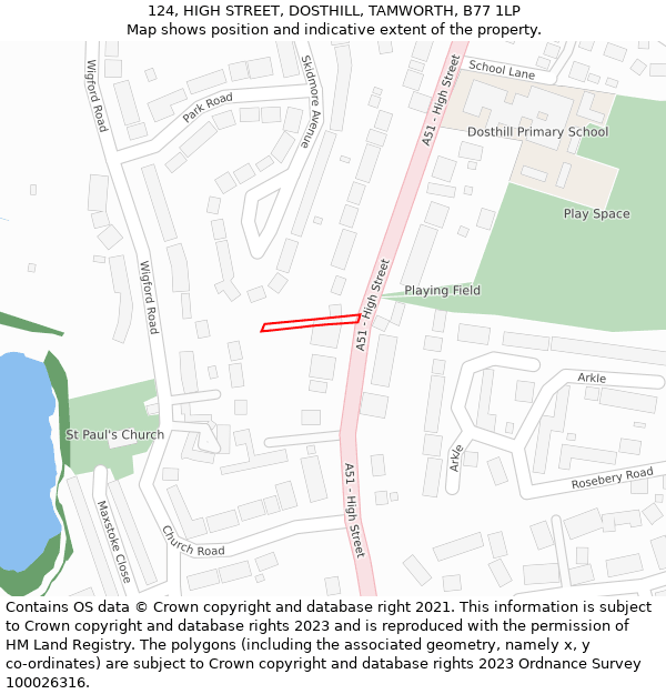 124, HIGH STREET, DOSTHILL, TAMWORTH, B77 1LP: Location map and indicative extent of plot