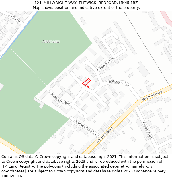 124, MILLWRIGHT WAY, FLITWICK, BEDFORD, MK45 1BZ: Location map and indicative extent of plot