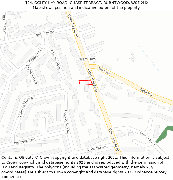 124, OGLEY HAY ROAD, CHASE TERRACE, BURNTWOOD, WS7 2HX: Location map and indicative extent of plot