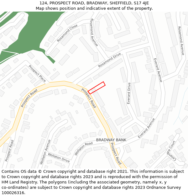 124, PROSPECT ROAD, BRADWAY, SHEFFIELD, S17 4JE: Location map and indicative extent of plot