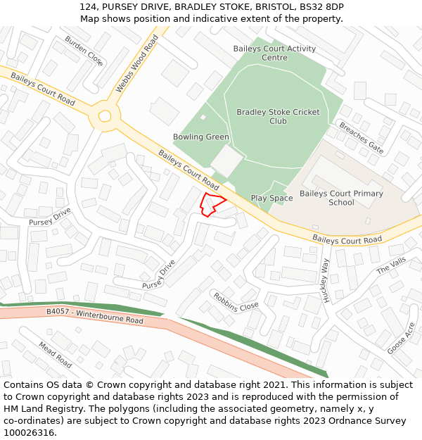 124, PURSEY DRIVE, BRADLEY STOKE, BRISTOL, BS32 8DP: Location map and indicative extent of plot