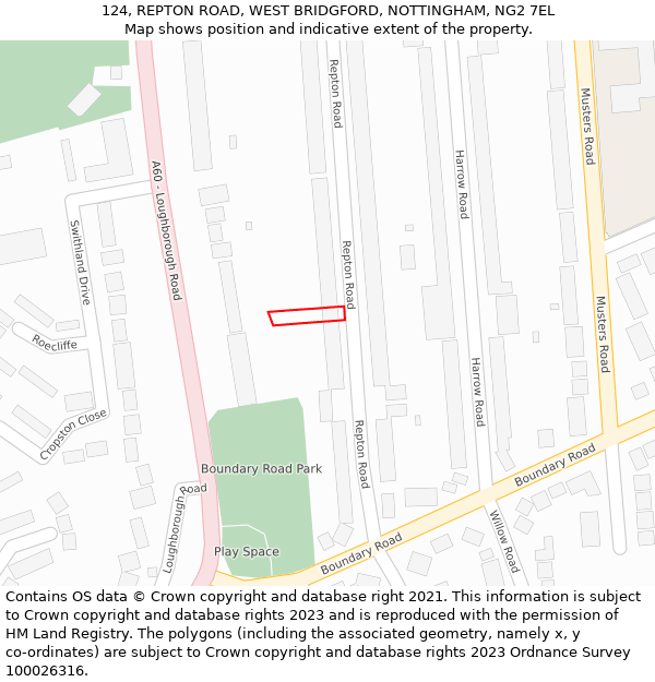 124, REPTON ROAD, WEST BRIDGFORD, NOTTINGHAM, NG2 7EL: Location map and indicative extent of plot