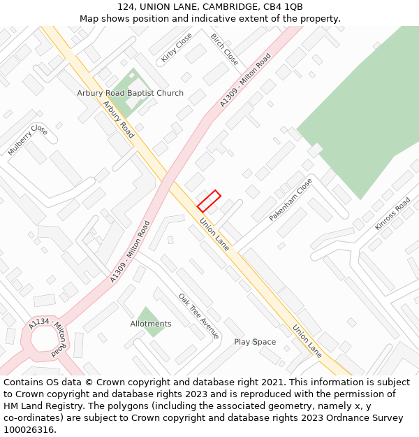 124, UNION LANE, CAMBRIDGE, CB4 1QB: Location map and indicative extent of plot