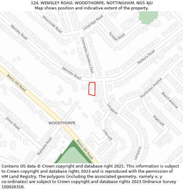 124, WENSLEY ROAD, WOODTHORPE, NOTTINGHAM, NG5 4JU: Location map and indicative extent of plot