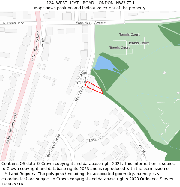 124, WEST HEATH ROAD, LONDON, NW3 7TU: Location map and indicative extent of plot