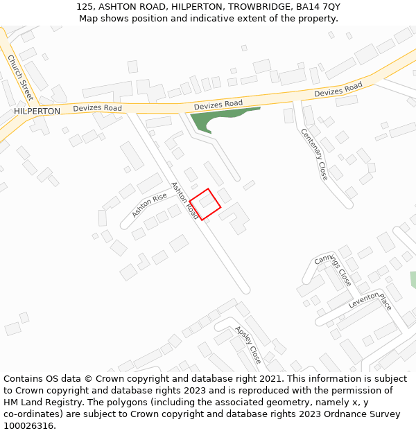 125, ASHTON ROAD, HILPERTON, TROWBRIDGE, BA14 7QY: Location map and indicative extent of plot