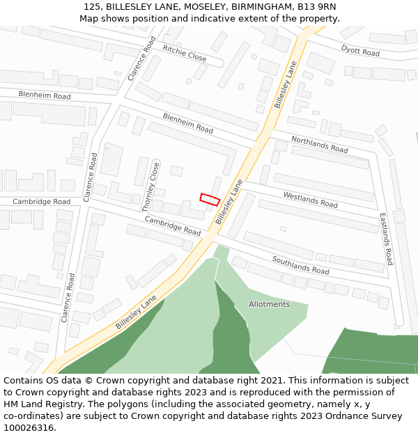 125, BILLESLEY LANE, MOSELEY, BIRMINGHAM, B13 9RN: Location map and indicative extent of plot