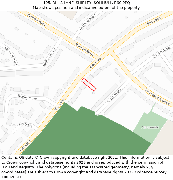 125, BILLS LANE, SHIRLEY, SOLIHULL, B90 2PQ: Location map and indicative extent of plot