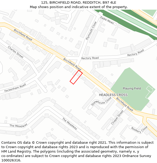 125, BIRCHFIELD ROAD, REDDITCH, B97 4LE: Location map and indicative extent of plot