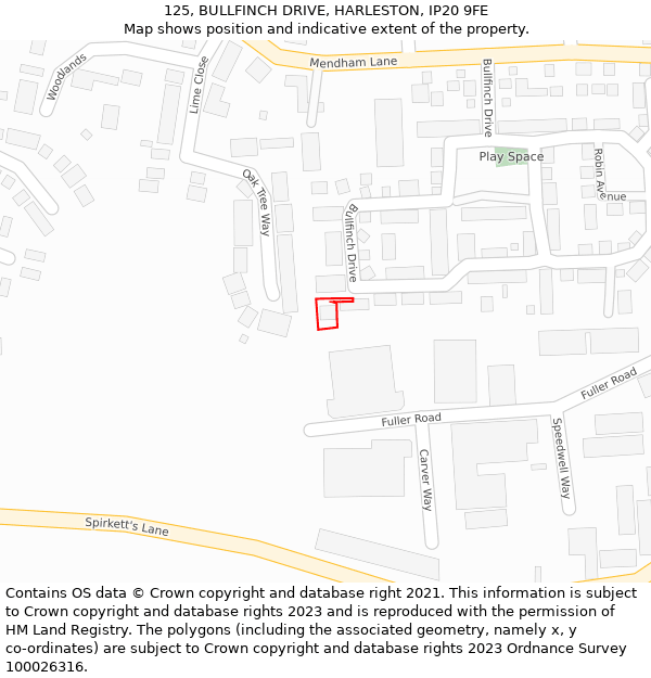 125, BULLFINCH DRIVE, HARLESTON, IP20 9FE: Location map and indicative extent of plot