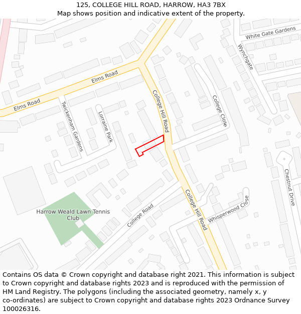 125, COLLEGE HILL ROAD, HARROW, HA3 7BX: Location map and indicative extent of plot