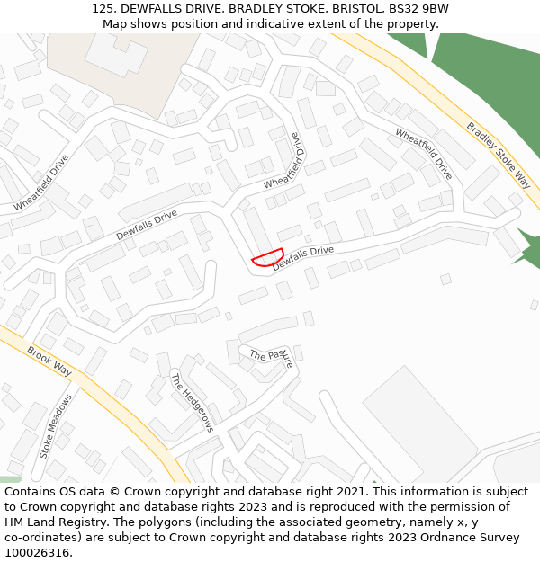 125, DEWFALLS DRIVE, BRADLEY STOKE, BRISTOL, BS32 9BW: Location map and indicative extent of plot