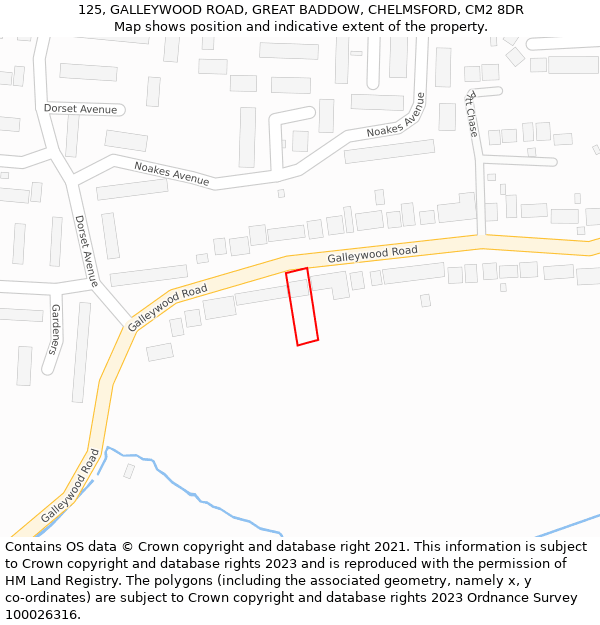 125, GALLEYWOOD ROAD, GREAT BADDOW, CHELMSFORD, CM2 8DR: Location map and indicative extent of plot