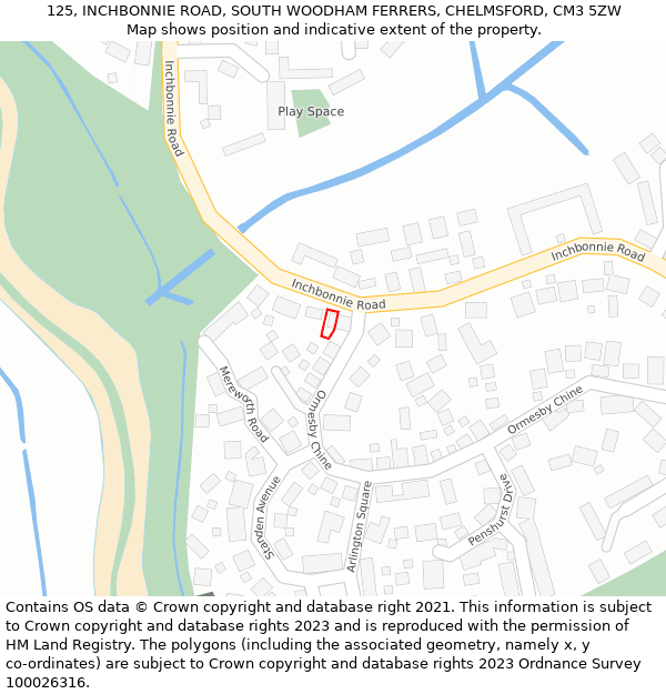 125, INCHBONNIE ROAD, SOUTH WOODHAM FERRERS, CHELMSFORD, CM3 5ZW: Location map and indicative extent of plot