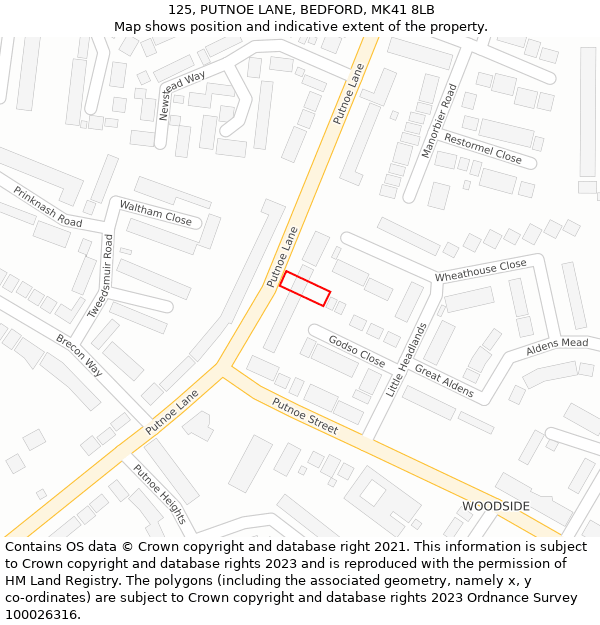 125, PUTNOE LANE, BEDFORD, MK41 8LB: Location map and indicative extent of plot