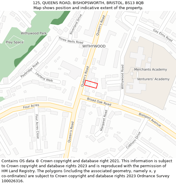 125, QUEENS ROAD, BISHOPSWORTH, BRISTOL, BS13 8QB: Location map and indicative extent of plot