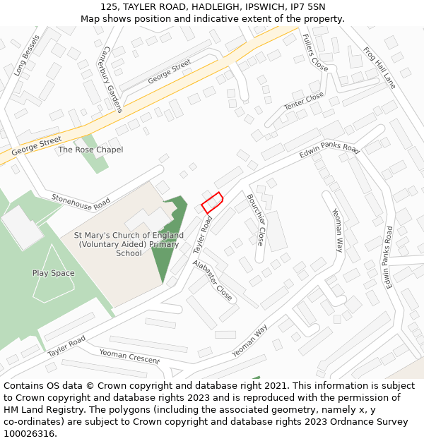 125, TAYLER ROAD, HADLEIGH, IPSWICH, IP7 5SN: Location map and indicative extent of plot