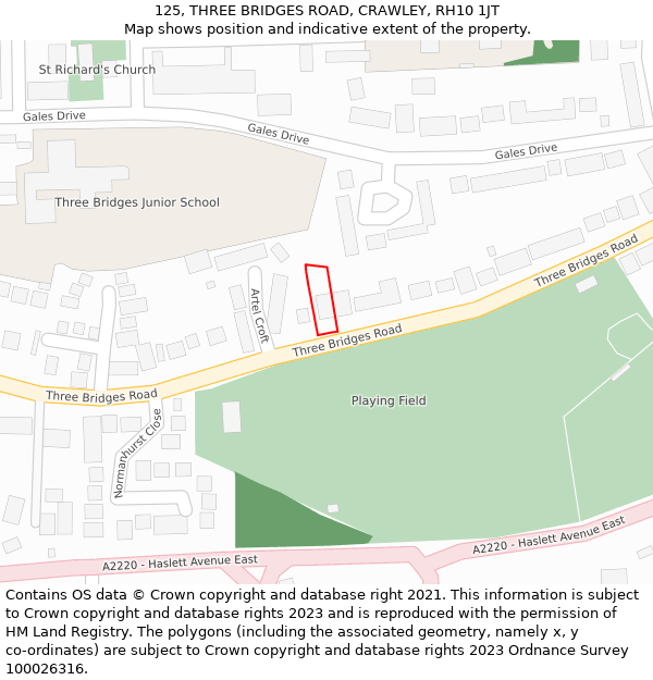 125, THREE BRIDGES ROAD, CRAWLEY, RH10 1JT: Location map and indicative extent of plot