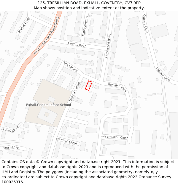 125, TRESILLIAN ROAD, EXHALL, COVENTRY, CV7 9PP: Location map and indicative extent of plot