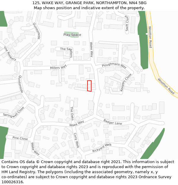 125, WAKE WAY, GRANGE PARK, NORTHAMPTON, NN4 5BG: Location map and indicative extent of plot