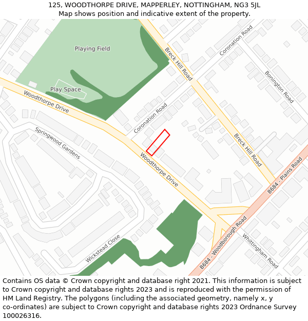 125, WOODTHORPE DRIVE, MAPPERLEY, NOTTINGHAM, NG3 5JL: Location map and indicative extent of plot