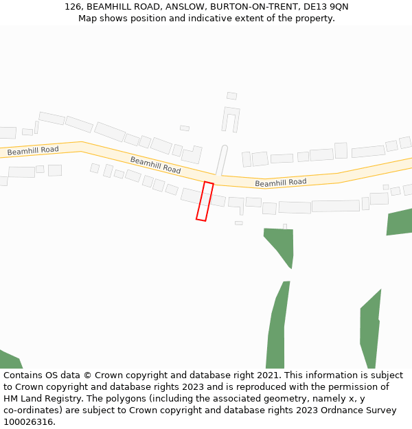 126, BEAMHILL ROAD, ANSLOW, BURTON-ON-TRENT, DE13 9QN: Location map and indicative extent of plot