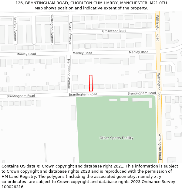 126, BRANTINGHAM ROAD, CHORLTON CUM HARDY, MANCHESTER, M21 0TU: Location map and indicative extent of plot