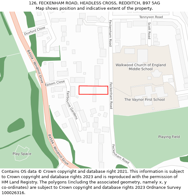 126, FECKENHAM ROAD, HEADLESS CROSS, REDDITCH, B97 5AG: Location map and indicative extent of plot