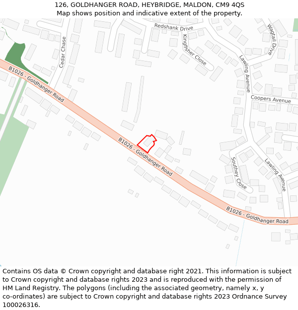 126, GOLDHANGER ROAD, HEYBRIDGE, MALDON, CM9 4QS: Location map and indicative extent of plot