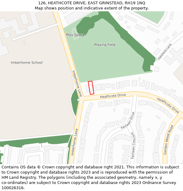 126, HEATHCOTE DRIVE, EAST GRINSTEAD, RH19 1NQ: Location map and indicative extent of plot