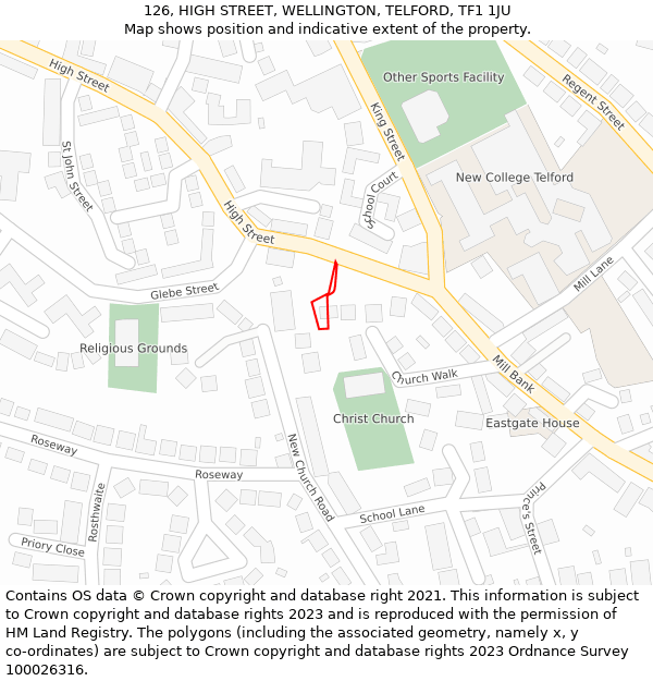 126, HIGH STREET, WELLINGTON, TELFORD, TF1 1JU: Location map and indicative extent of plot