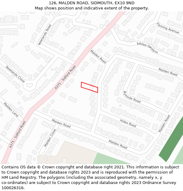 126, MALDEN ROAD, SIDMOUTH, EX10 9ND: Location map and indicative extent of plot