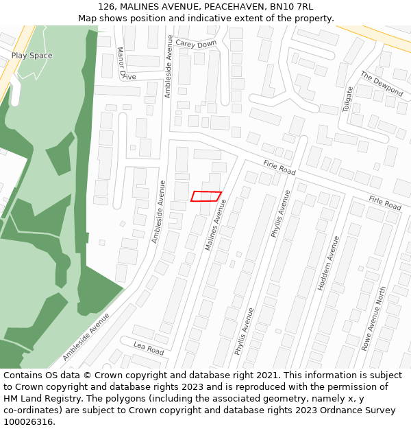 126, MALINES AVENUE, PEACEHAVEN, BN10 7RL: Location map and indicative extent of plot