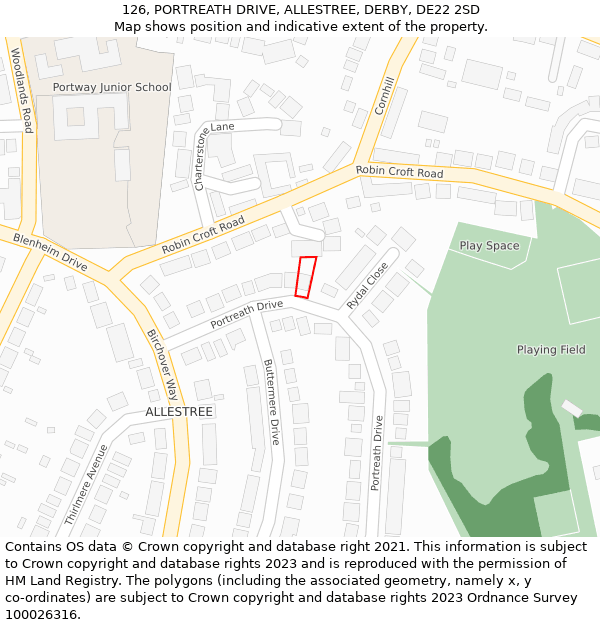 126, PORTREATH DRIVE, ALLESTREE, DERBY, DE22 2SD: Location map and indicative extent of plot