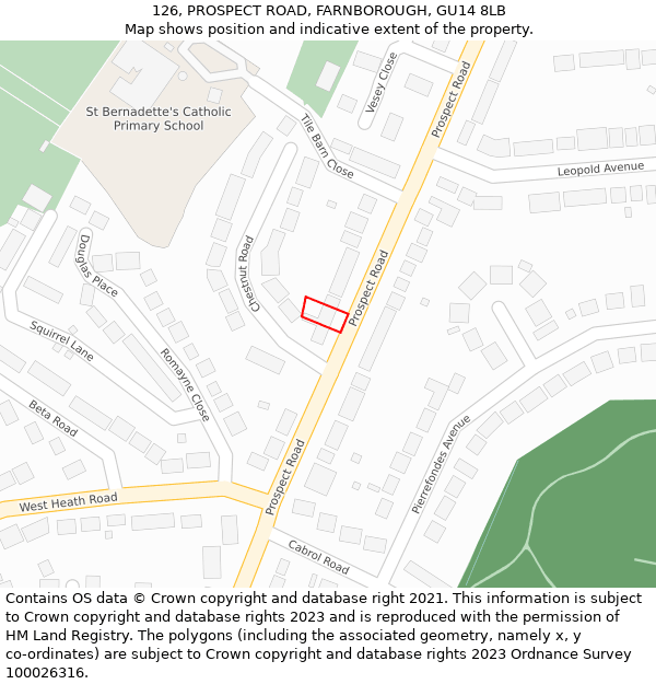 126, PROSPECT ROAD, FARNBOROUGH, GU14 8LB: Location map and indicative extent of plot