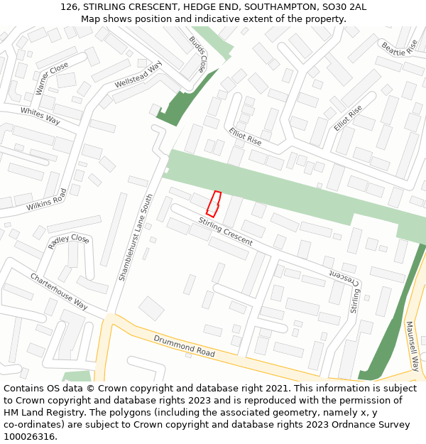 126, STIRLING CRESCENT, HEDGE END, SOUTHAMPTON, SO30 2AL: Location map and indicative extent of plot