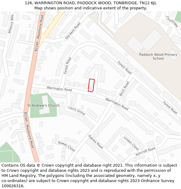 126, WARRINGTON ROAD, PADDOCK WOOD, TONBRIDGE, TN12 6JL: Location map and indicative extent of plot