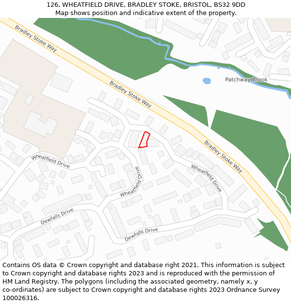 126, WHEATFIELD DRIVE, BRADLEY STOKE, BRISTOL, BS32 9DD: Location map and indicative extent of plot