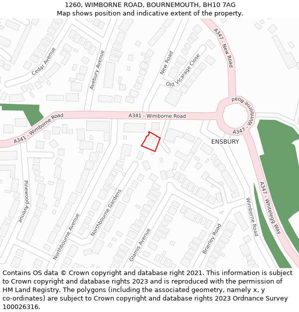 1260, WIMBORNE ROAD, BOURNEMOUTH, BH10 7AG: Location map and indicative extent of plot