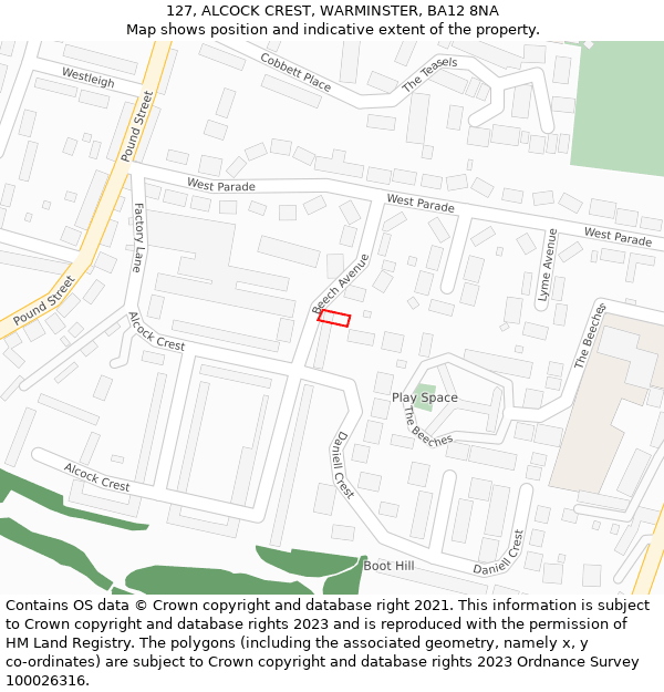 127, ALCOCK CREST, WARMINSTER, BA12 8NA: Location map and indicative extent of plot