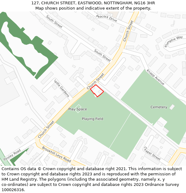 127, CHURCH STREET, EASTWOOD, NOTTINGHAM, NG16 3HR: Location map and indicative extent of plot