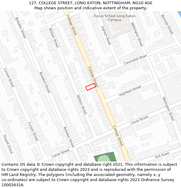 127, COLLEGE STREET, LONG EATON, NOTTINGHAM, NG10 4GE: Location map and indicative extent of plot