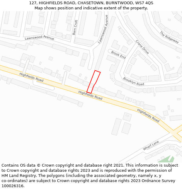 127, HIGHFIELDS ROAD, CHASETOWN, BURNTWOOD, WS7 4QS: Location map and indicative extent of plot
