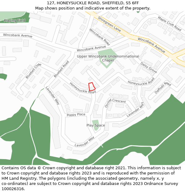 127, HONEYSUCKLE ROAD, SHEFFIELD, S5 6FF: Location map and indicative extent of plot