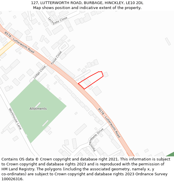 127, LUTTERWORTH ROAD, BURBAGE, HINCKLEY, LE10 2DL: Location map and indicative extent of plot